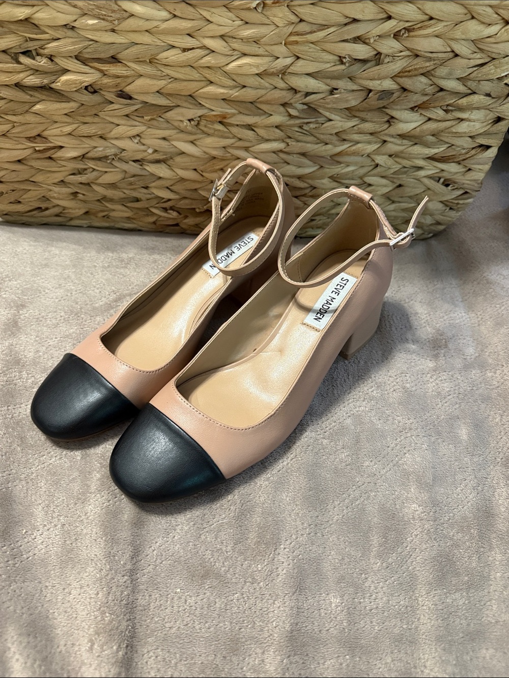 Steve Madden Pink-Tan Pumps with Black Cap Toe and Ankle Strap